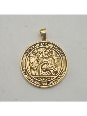 St Matthew Prosperity Medal Pendant Gold Tone Catholic Religious Charm 1.5x1.1"